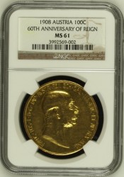  1908年オーストリア100コロナ金貨 雲上の女神 NGC MS61